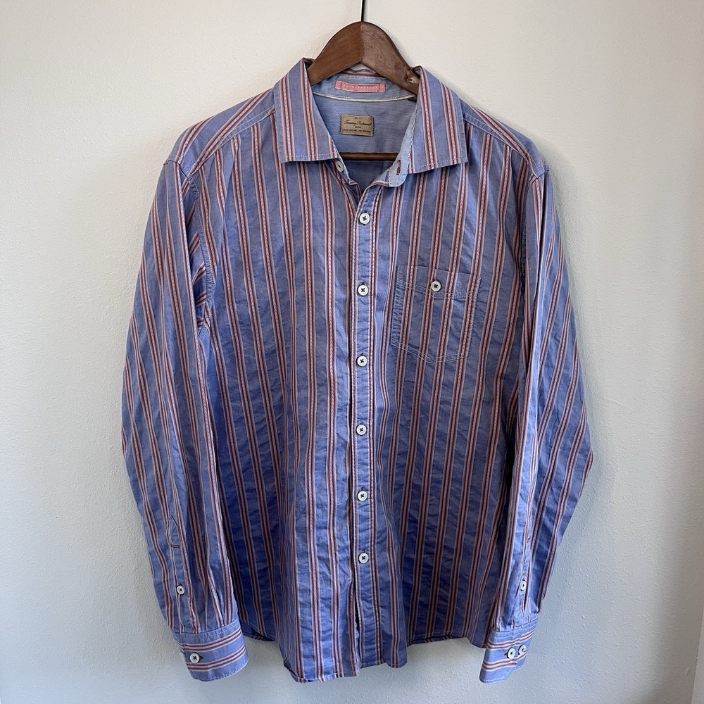 Men's Large Tommy‎ Bahama Jeans Long Sleeve Shirt Cotton Red Blue Stripe